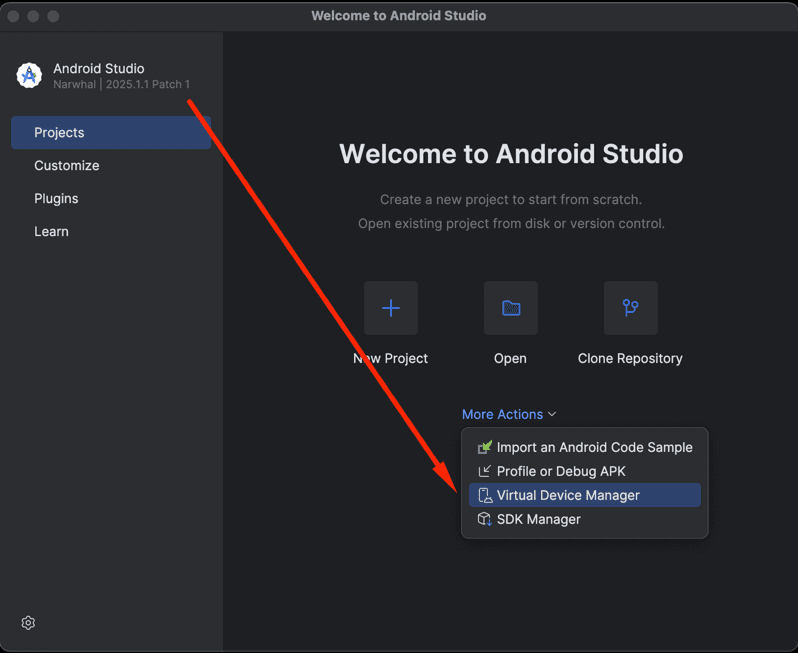 Android Studio interface with an arrow pointing to the 'Device Manager' button in the toolbar, showing where to access Virtual Device Manager