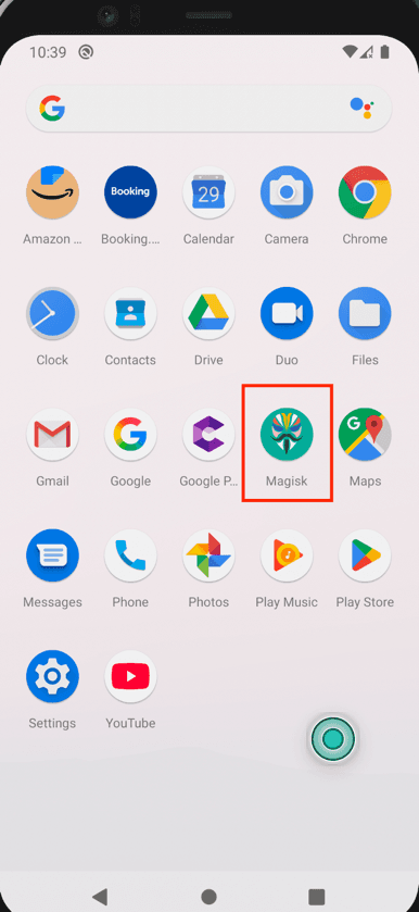 Android emulator home screen showing the newly installed Magisk app icon among other system applications