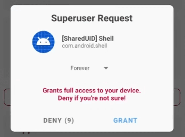 Magisk superuser request dialog asking for root permission, with 'Grant' and 'Deny' buttons visible for the shell command