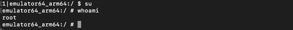 Terminal showing successful root access in the Android emulator, with the prompt changed to # and 'whoami' command confirming root user status