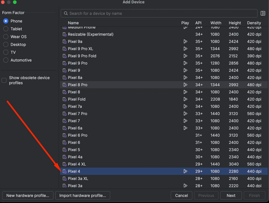 Select Hardware dialog showing a list of Android device templates, with phone models highlighted that can support API level 29