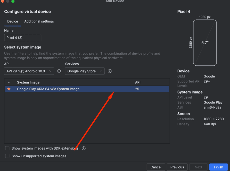 System Image selection dialog showing API level 29 (Android 10) being selected, with Google Play Store services option highlighted