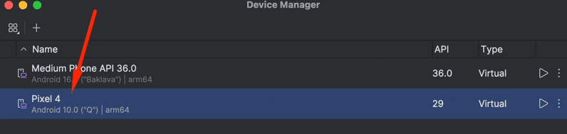 Virtual Device Manager showing the newly created Android emulator device with API level 29 in the list of available devices