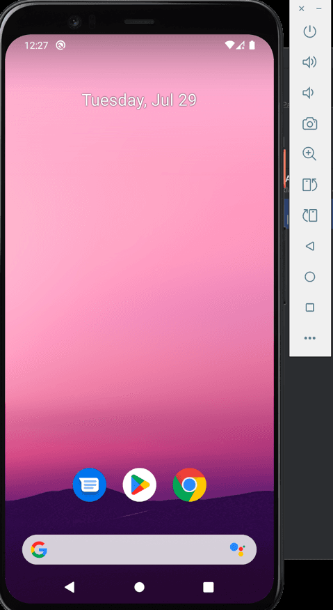 Android emulator booting up, showing the initial Android loading screen as the virtual device starts