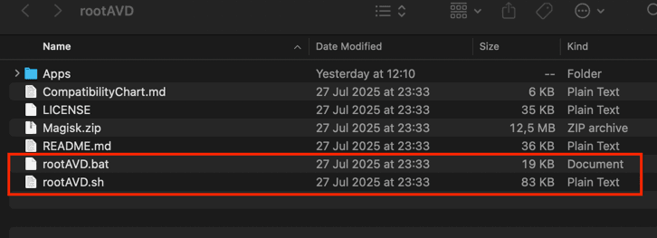 Terminal window showing the cloned rootAVD repository directory contents, with rootAVD.sh script highlighted