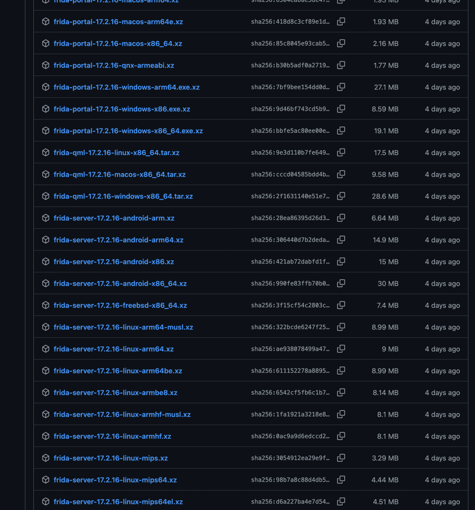 List of Frida versions in repository