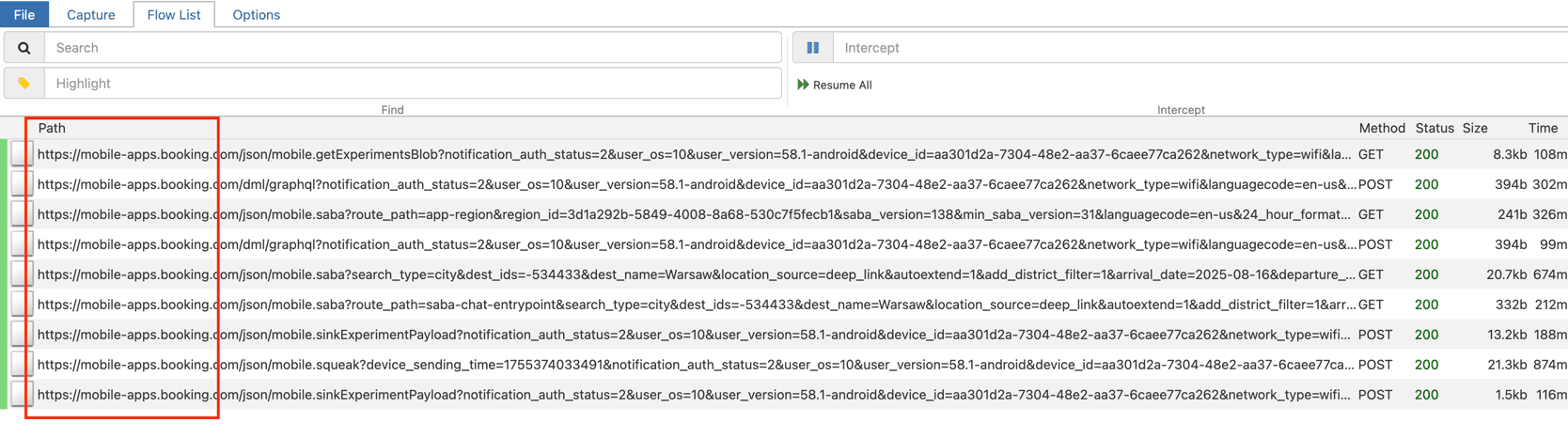 Mitmweb dashboard in browser showcasing Booking app intercepted traffic with red square highlighting endpoint names