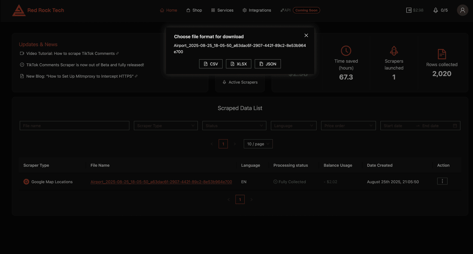 Dashboard Google Maps modal window with different download options