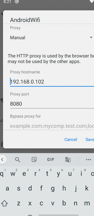 Android phone WiFi settings screen showing the manual proxy configuration page with IP address and port fields highlighted for Mitmproxy setup