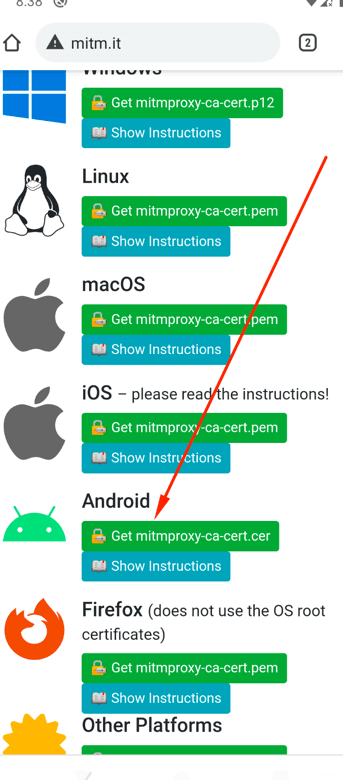 The mitm.it certificate installation page viewed on an Android phone, showing various platform options with the Android icon highlighted for certificate download