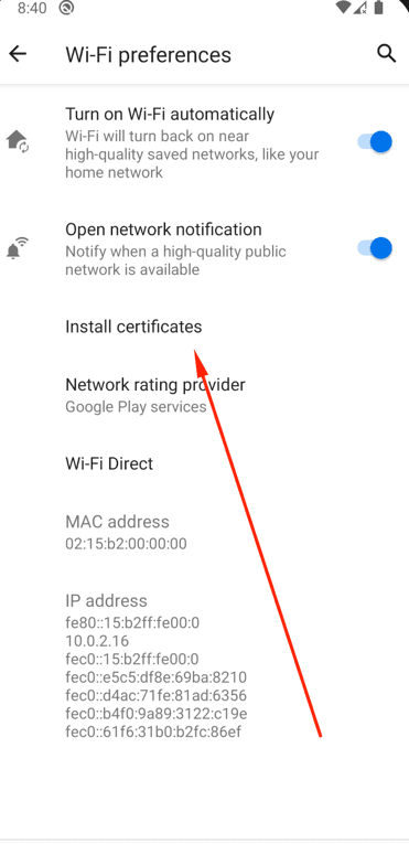 Android security settings screen showing the certificate installation process, with the 'Install a certificate' option highlighted