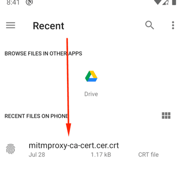 Android certificate naming dialog during the CA certificate installation process, with a field to name the Mitmproxy certificate